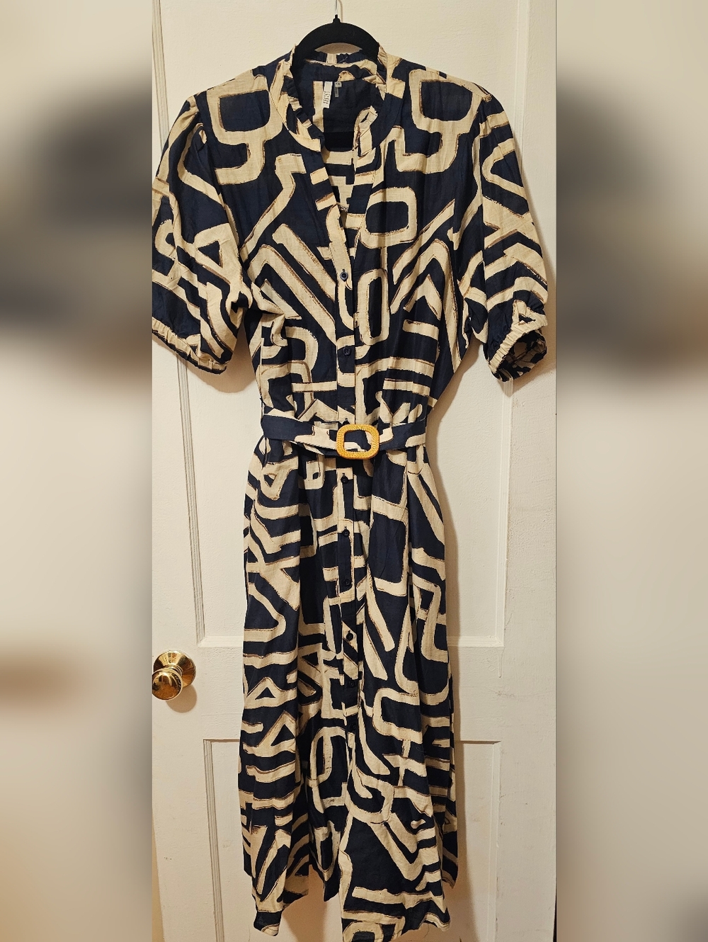 Kaktus Navy and Cream Patterned Button-Up Dress